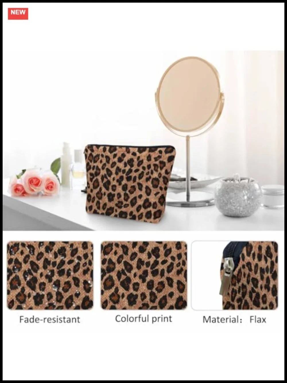 Leopard Print Flax Cosmetic Bag Travel Toiletry Organizer with Zipper